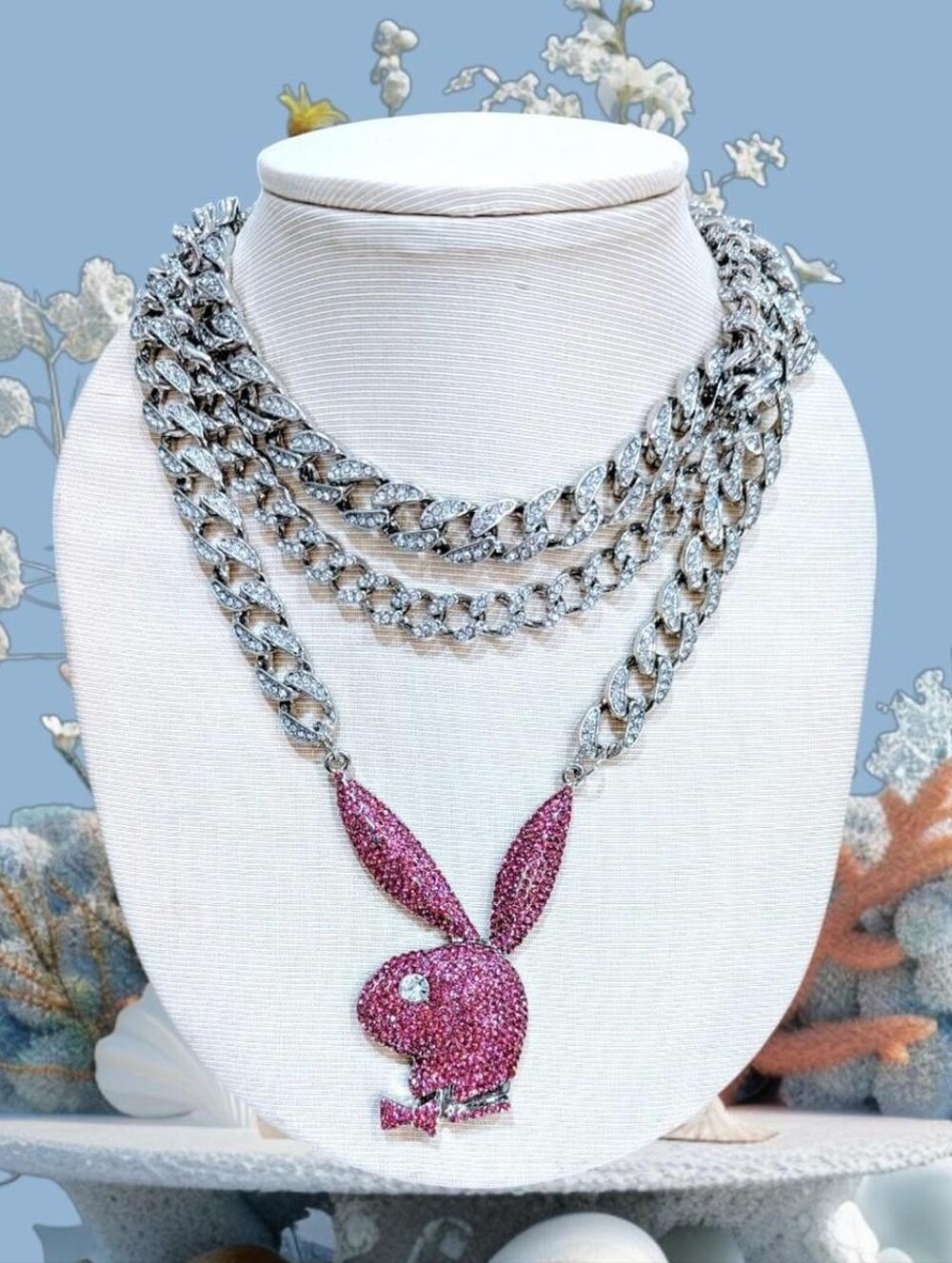 Playboy Bunny Triple Row Figaro Chain Necklace